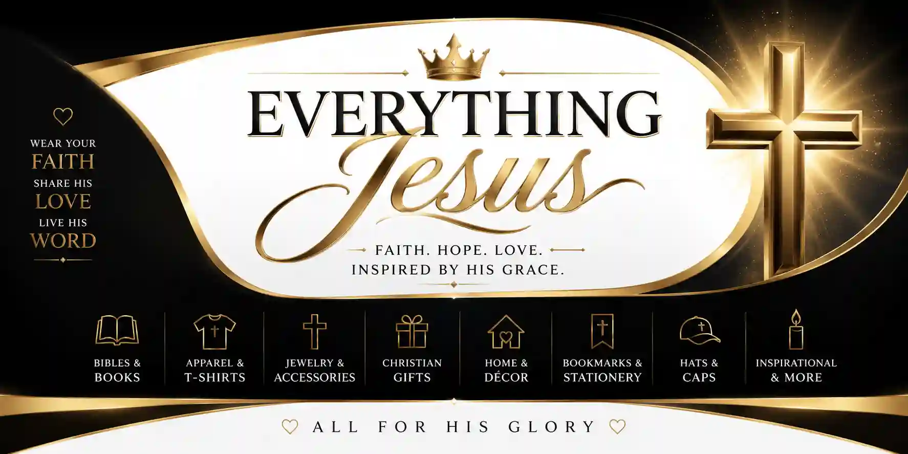 Elegant Everything Jesus USA banner with gold crown, glowing cross, and categories of Christian products on black and white background